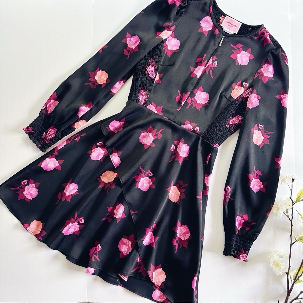 Kate Spade Rose Garden Smocked Satin Dress